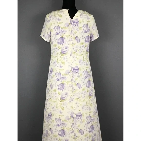 Jennifer Moore Dress Womens 10 Purple Floral Short Sleeve Shift Maxi Lined - Picture 6 of 10